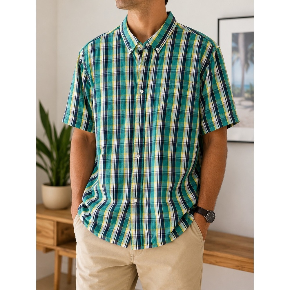 Men's Casual Button Down Short Sleeve Plaid Shirt Green Blue Yellow 2XL...
